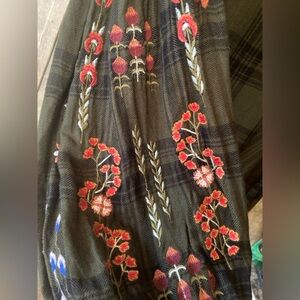 Olive Green Black Stripes Flannel Look Boho Hippie Top Floral Embroidered Size L